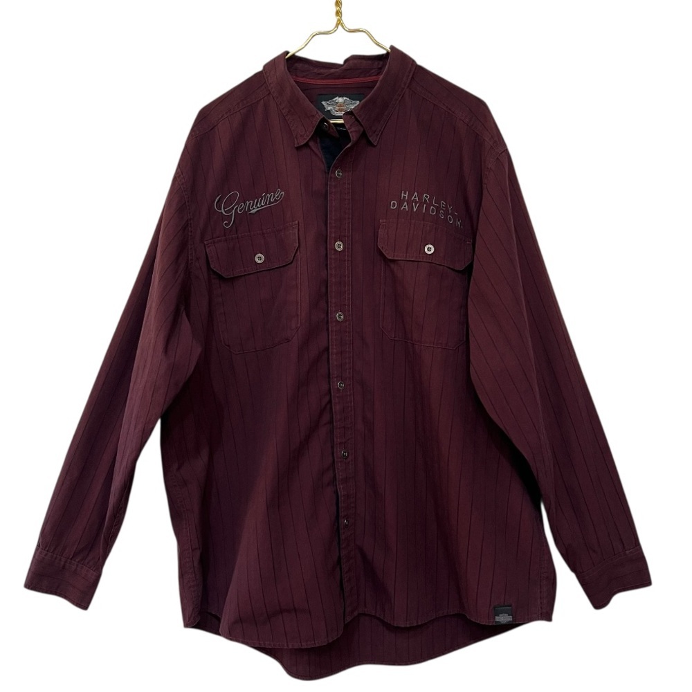 Harley-Davidson Burgundy Pinstripe Embroidered Long Sleeve Button Down Shirt - Picture 2 of 13